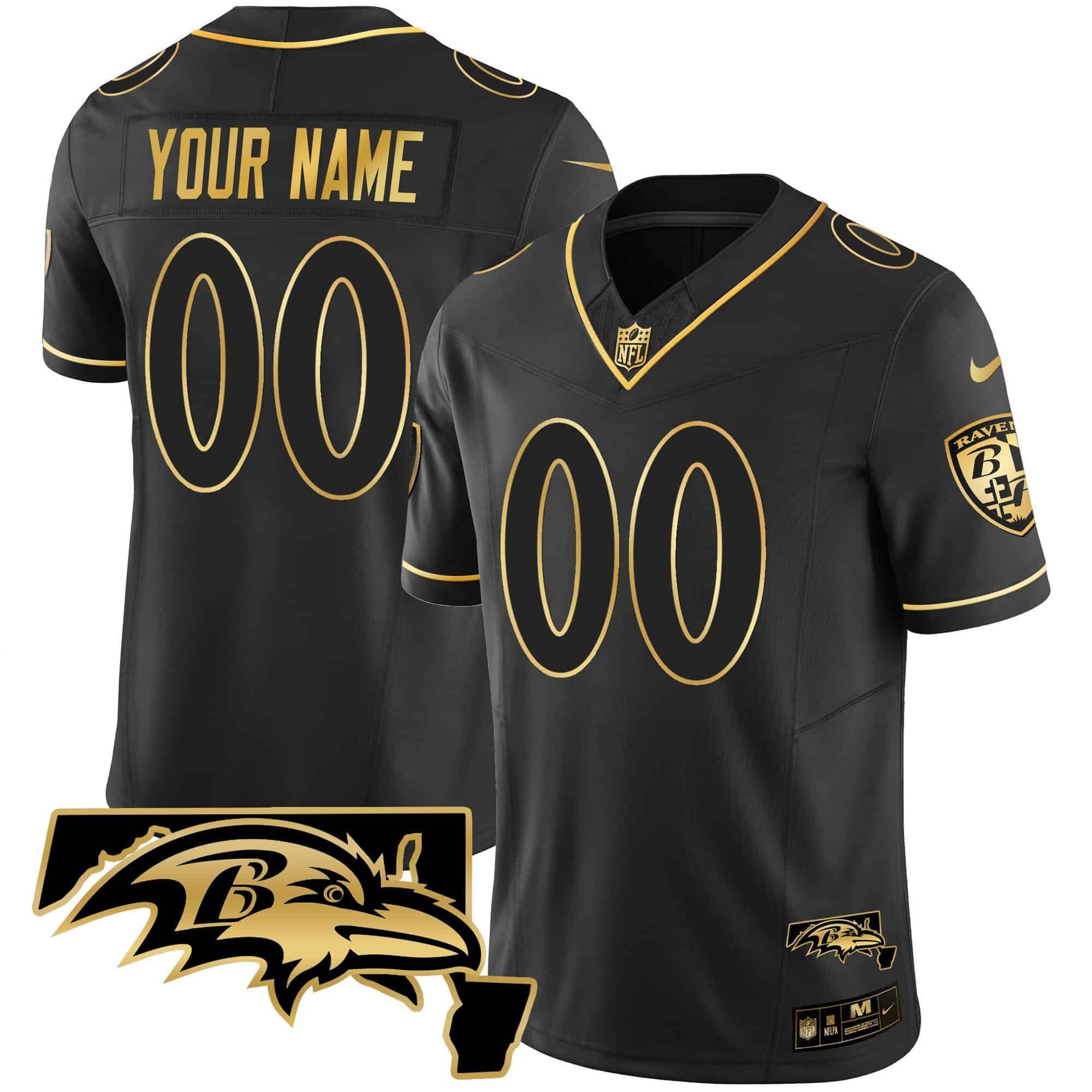 Men Baltimore Ravens Black Gold 2024 Nike Maryland Patch Vapor Custom NFL Jersey style 2
